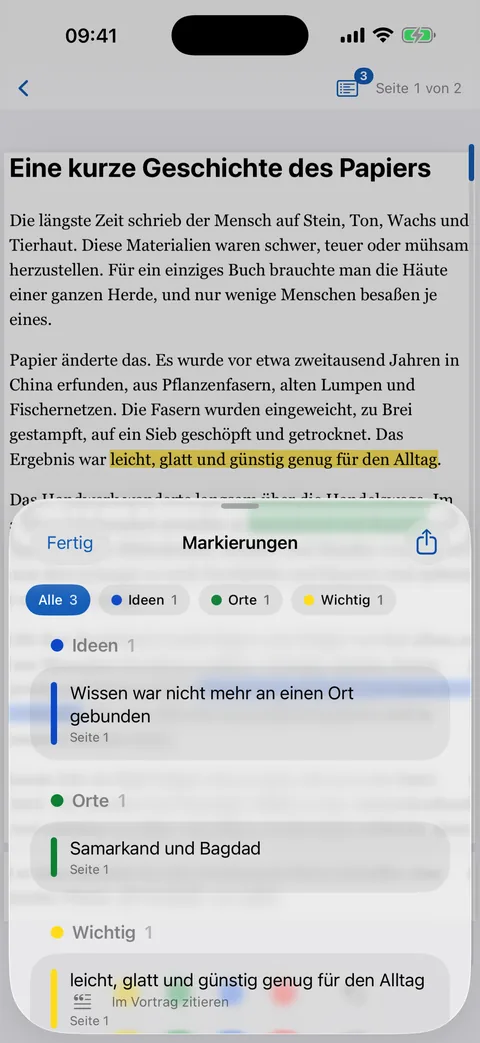 Die Liste aller Markierungen