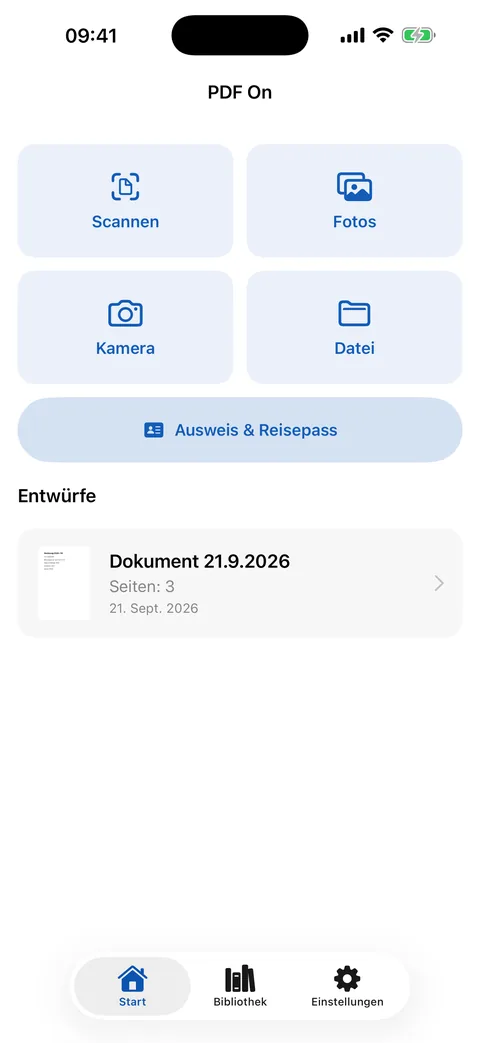 Start: Scannen, Fotos, Kamera, Datei