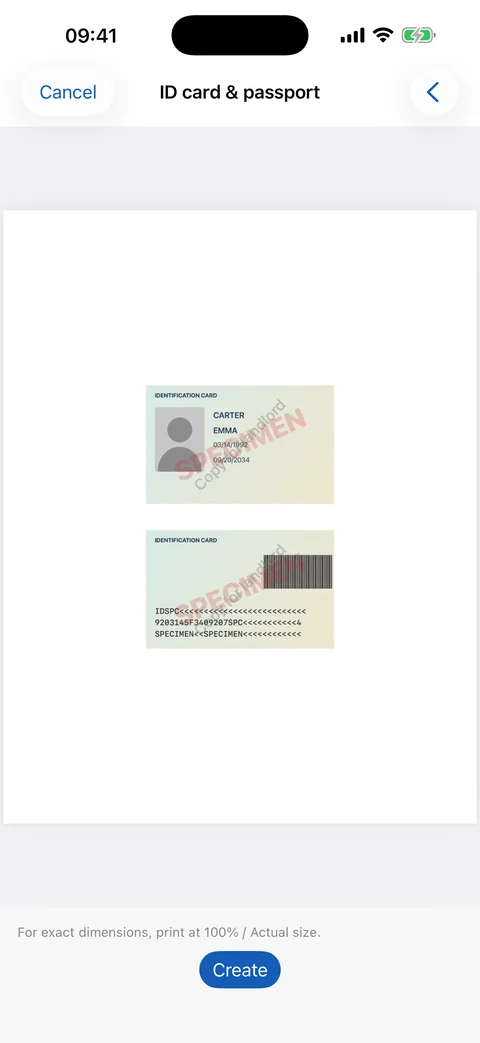 ID card and passport copy in original size