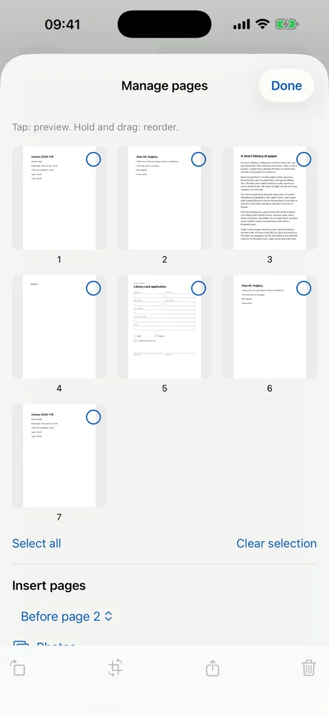 Manage pages: reorder, crop, merge