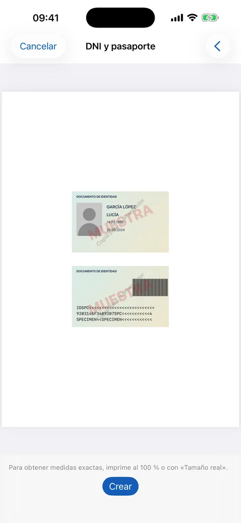 Copia de DNI y pasaporte a tamaño real