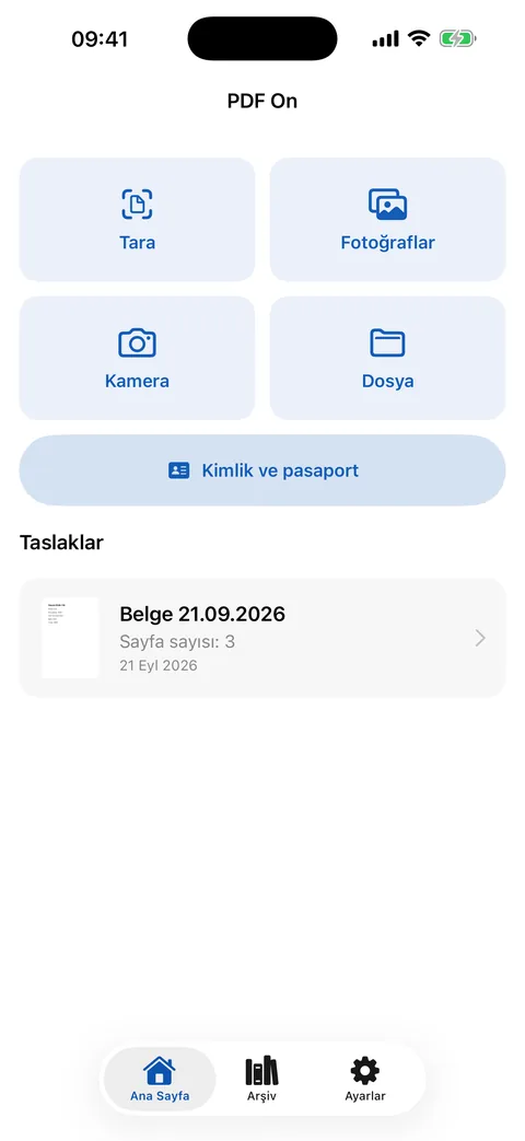 Başlangıç: tara, fotoğraflar, kamera, dosya